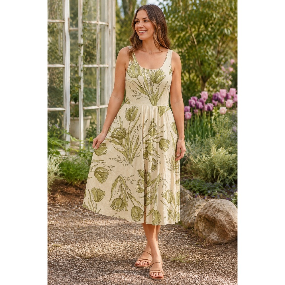 Happy Earth Organic Cotton Tulip Floral Midi Dress Cream Green Large NWT
